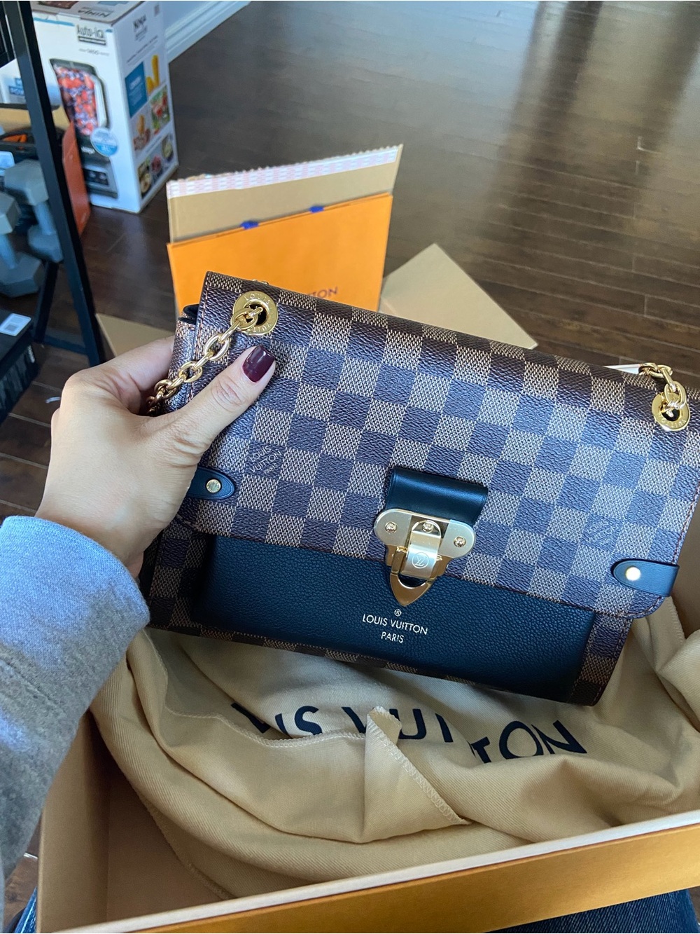 Louis Vuitton Brown Damier Ebene and Black Leather Chain Shoulder Bag